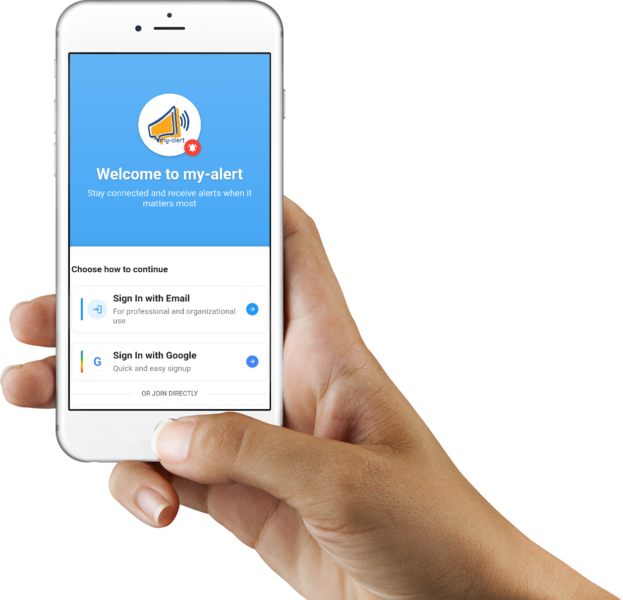 Écran de connexion My Alert avec options de connexion et accès anonyme