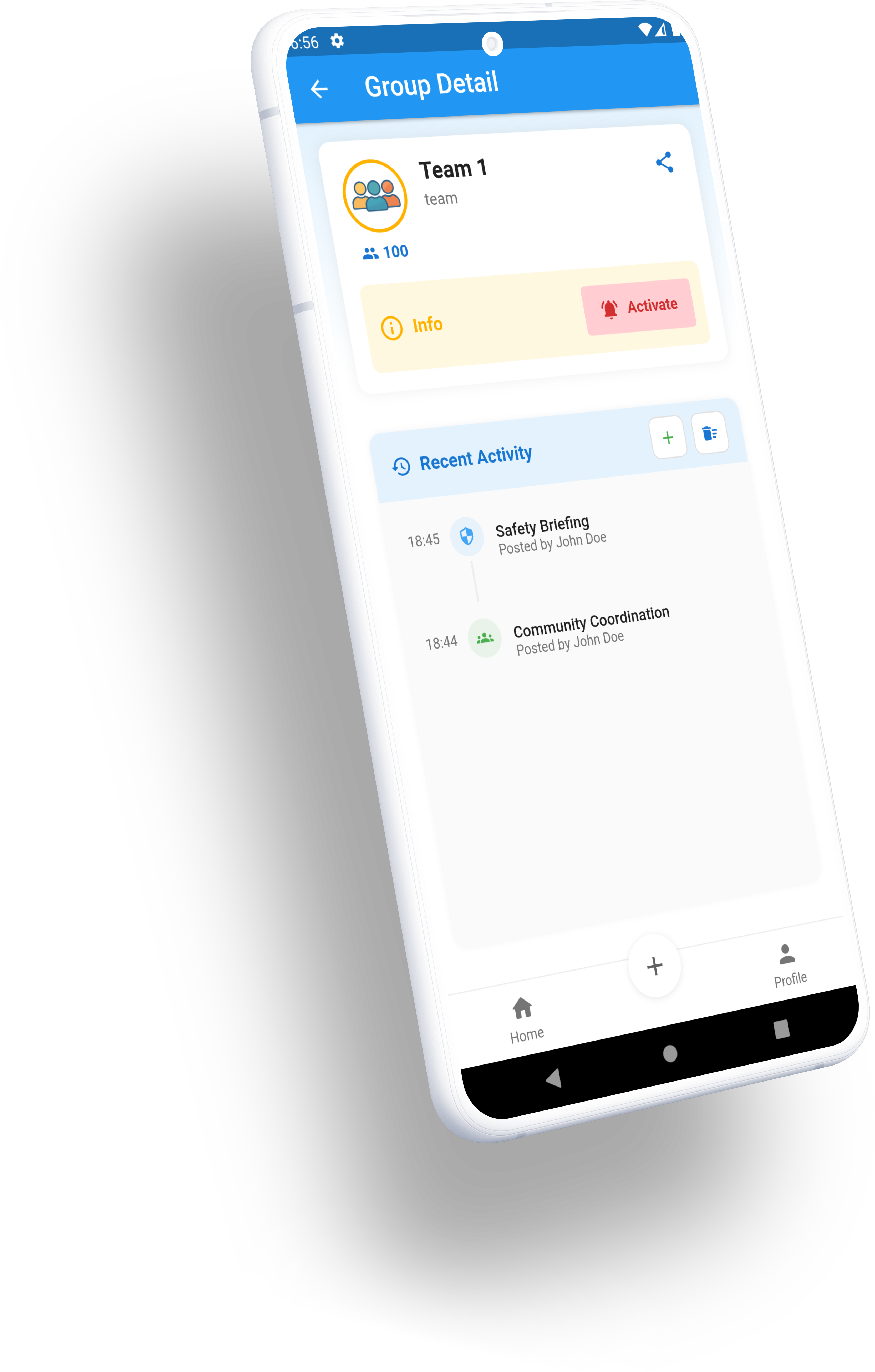 Détail de groupe My Alert avec feed d'activités et bouton d'alerte